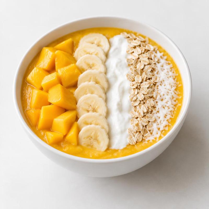 Mangowo-bananowa smoothie bowl z jogurtem greckim i wiórkami kokosowymi