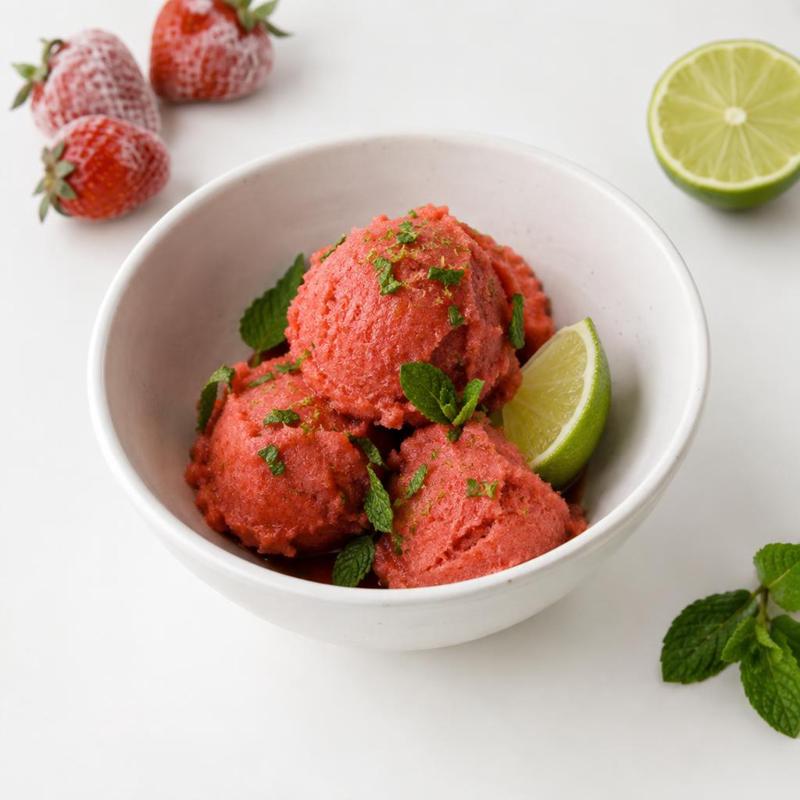 Miętowy sorbet z mrożonych truskawek i soku z limonki