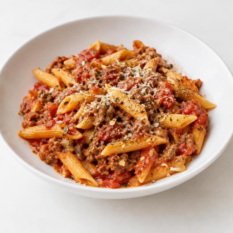 Penne z wołowiną w pomidorowym sosie z oregano
