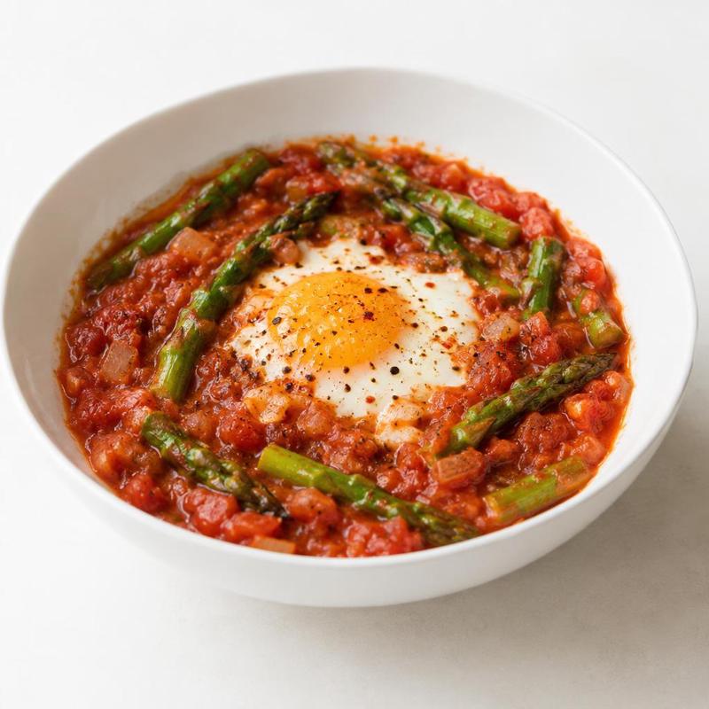 Szakszuka z zielonymi szparagami, kuminem i chili