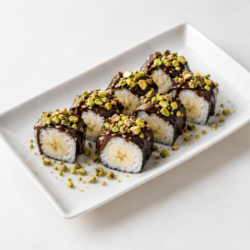 Słodkie ryżowe sushi z bananem, gorzką czekoladą i pistacjami