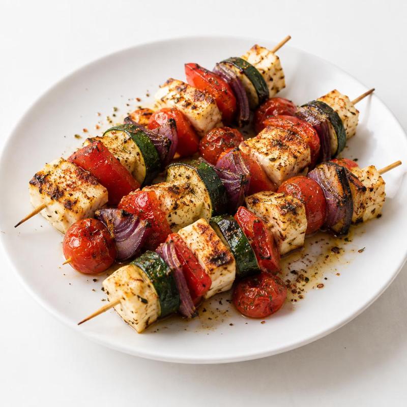Pieczone szaszłyki z halloumi, cukinią i pomidorkami koktajlowymi