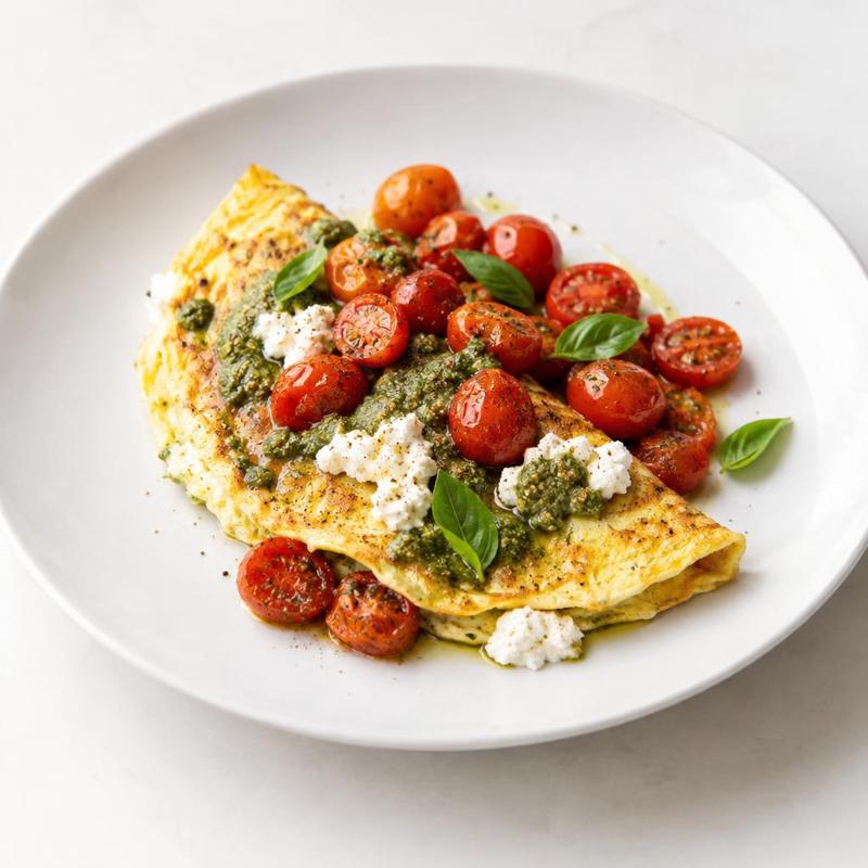 Omlet z ricottą, pesto i ciepłymi pomidorkami
