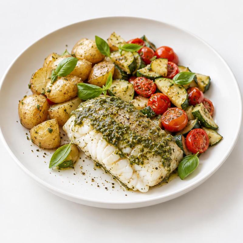 Dorsz w pesto z ziemniakami, cukinią i pomidorkami