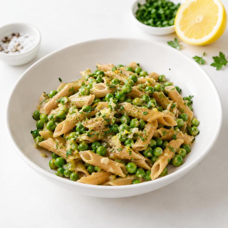 Soczewicowe penne z zielonym groszkiem, skórką cytrynową i natką pietruszki
