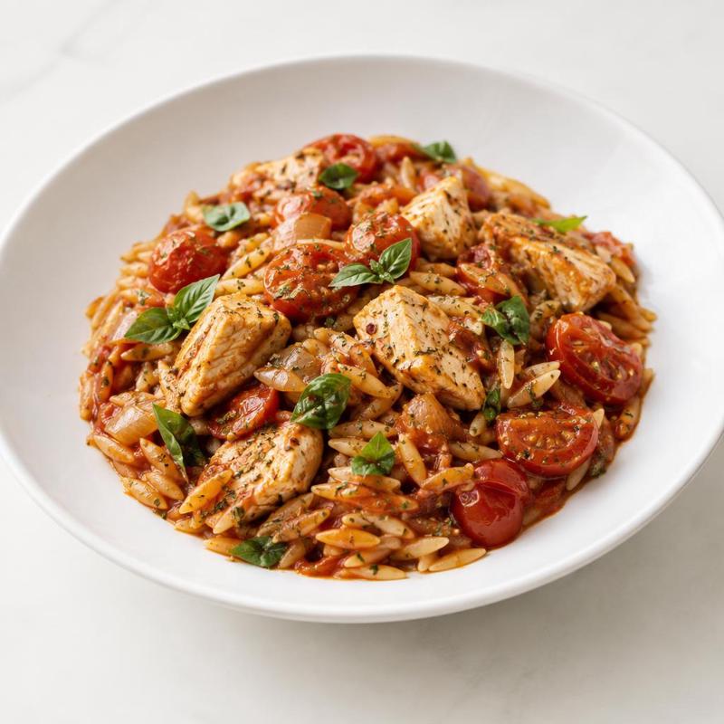 Orzo z kurczakiem w sosie pomidorowo-bazyliowym