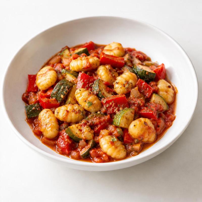 Gnocchi w pomidorach z podsmażaną cukinią, papryką i oregano