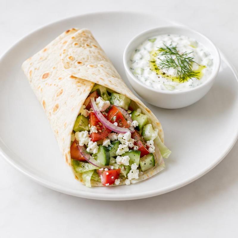 Zawijana tortilla z fetą, pomidorem, ogórkiem i czosnkowym tzatziki