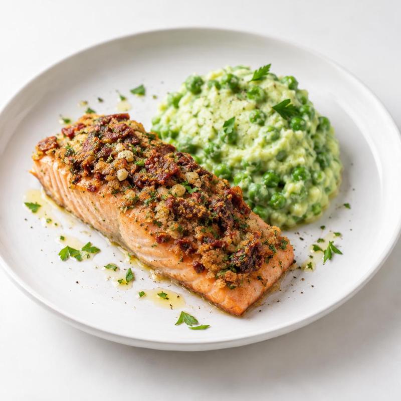 Pieczony filet z łososia w pomidorowo-pietruszkowej posypce, z purée z ziemniaków i groszku