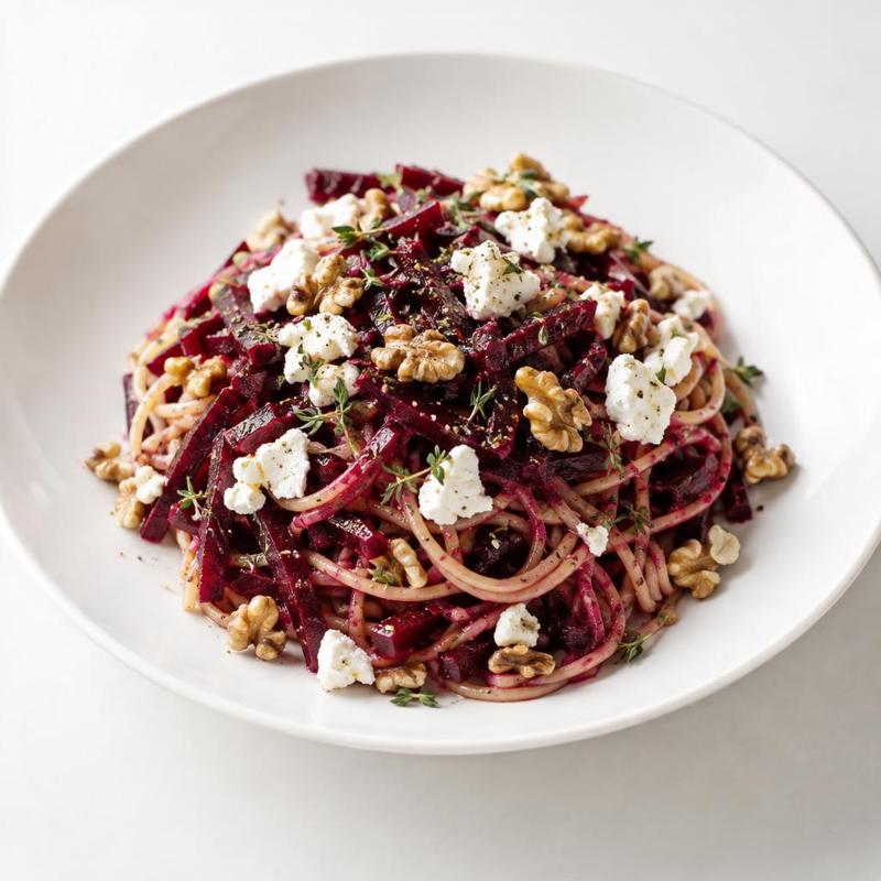 Spaghetti w buraczanym sosie z miodem i octem balsamicznym, z kozim serem i orzechami