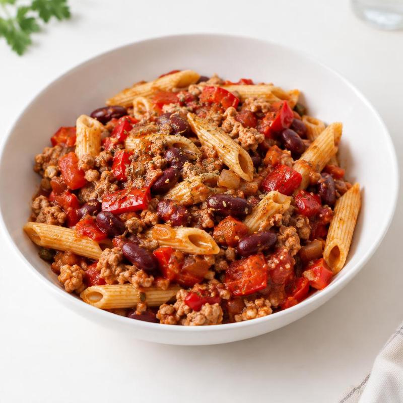 Penne z indykiem, fasolą i papryką w jednym garnku
