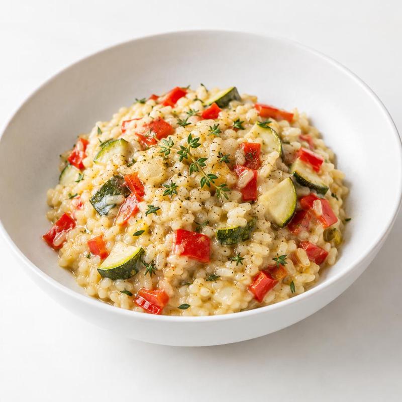 Risotto z cukinii i papryki z patelni, zaciągnięte mascarpone i tymiankiem