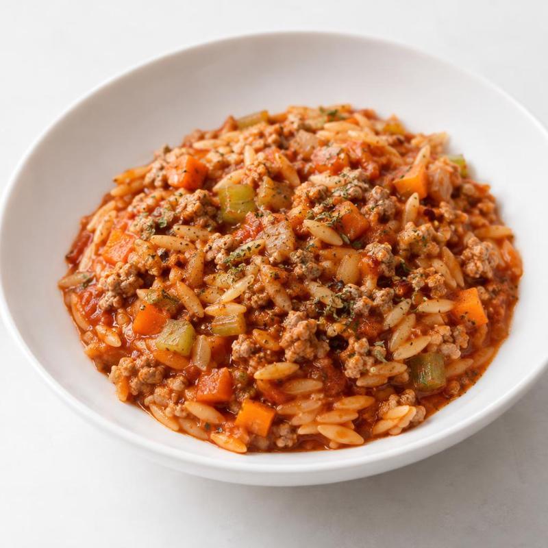Orzo z indykiem w sosie pomidorowym z oregano