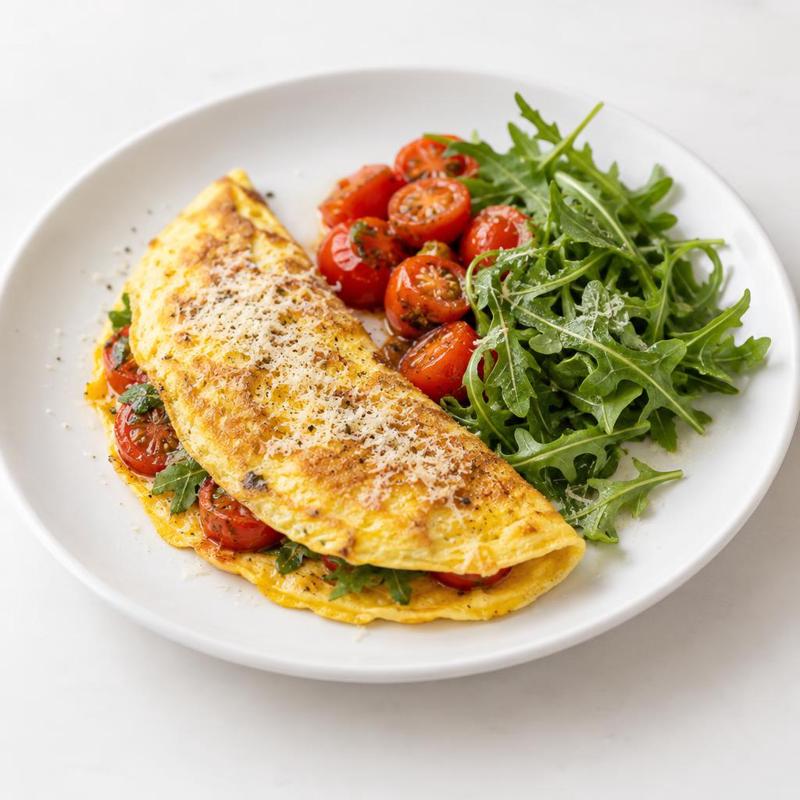 Omlet z rukolą i serem, z pomidorkami podsmażonymi na maśle