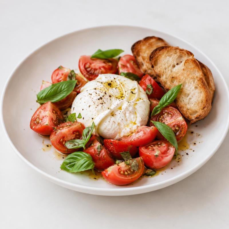 Burrata z pomidorami, bazylią i grzankami