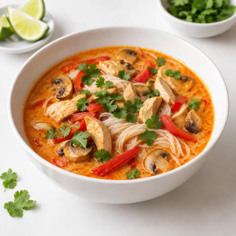 Pikantna zupa na mleczku kokosowym z czerwonym curry, kurczakiem i nitkami ryżowymi