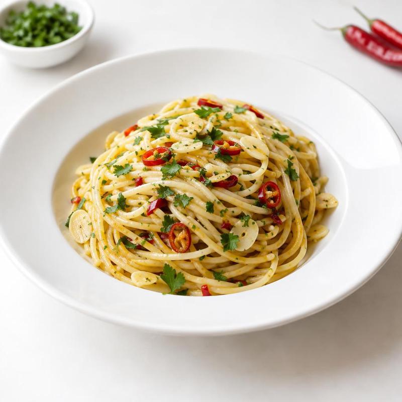 Spaghetti aglio e olio ze świeżą papryczką chili i natką pietruszki