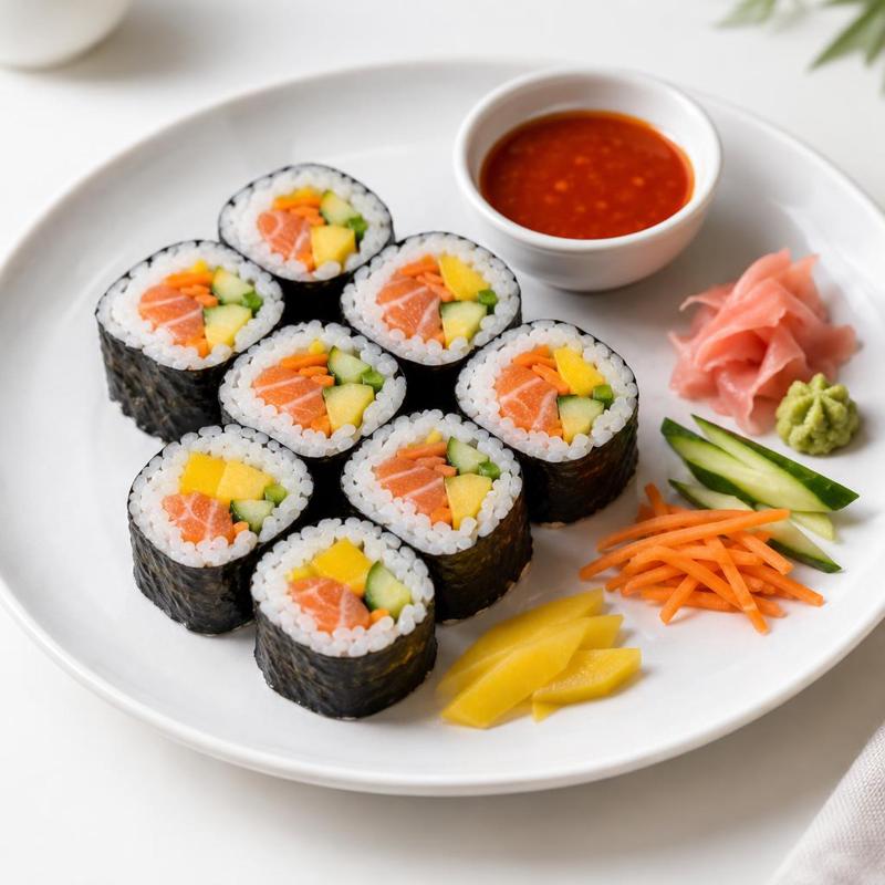 Łosoś z patelni w rolkach futomaki z mango, marchewką i ogórkiem