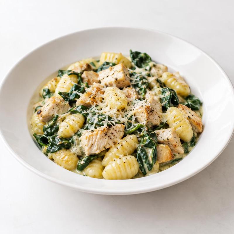 Kurczak ze szpinakiem w śmietance z parmezanem, podany z gnocchi