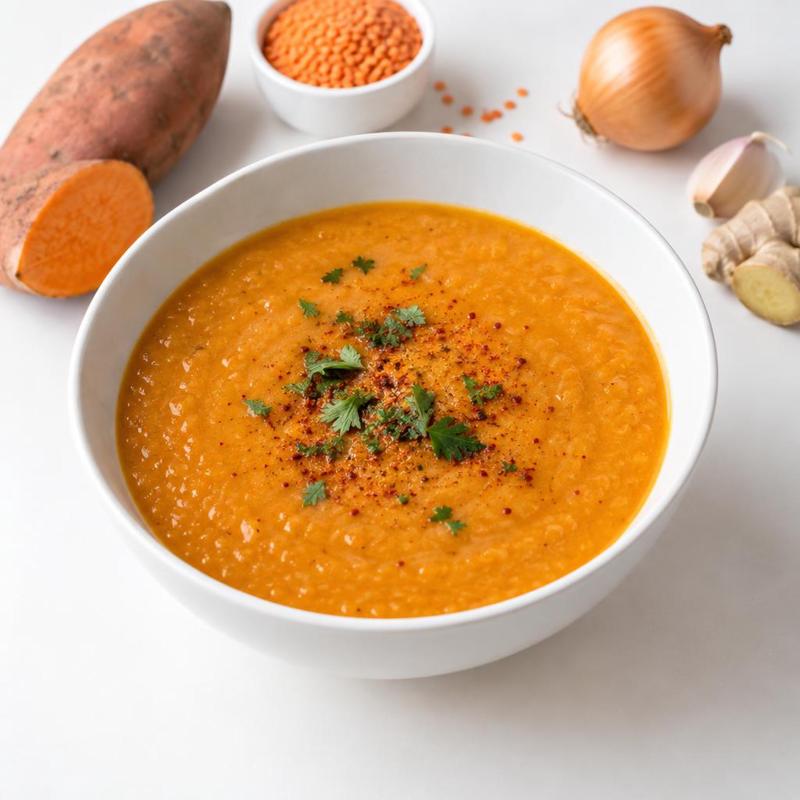Gęsta zupa z batata i soczewicy z imbirem, kuminem i chili