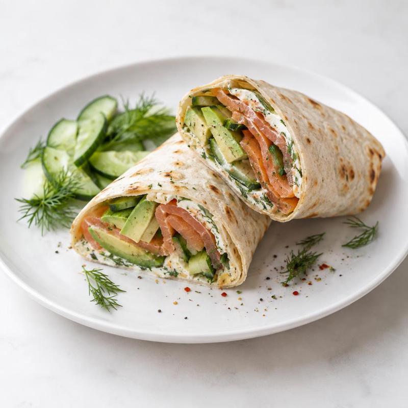 Wrap z gorąco wędzonym łososiem, plastrami awokado i koperkową pastą