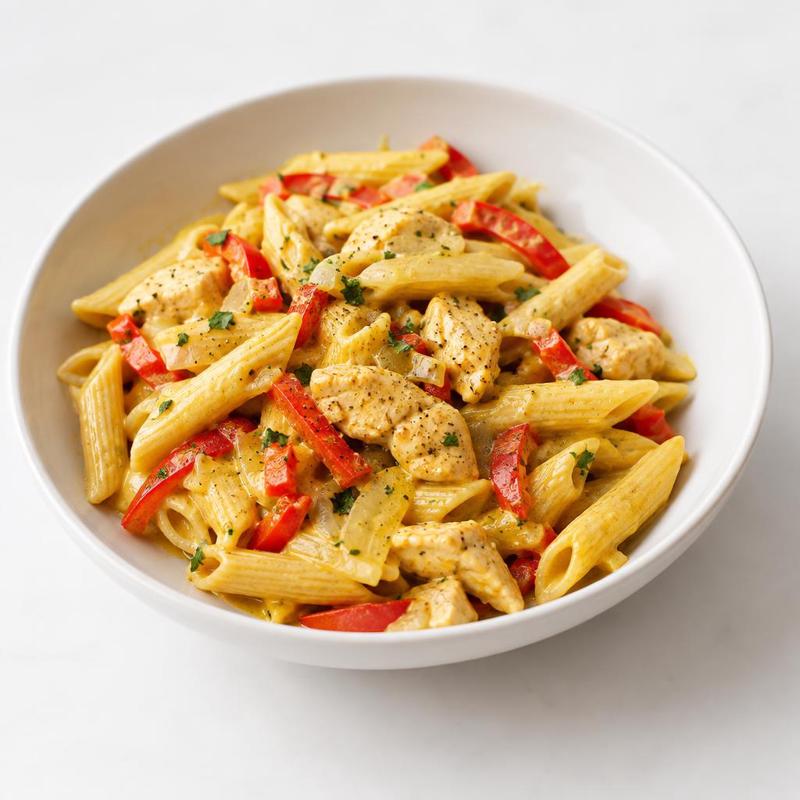 Penne z kurczakiem i papryką w łagodnym curry na jogurcie greckim