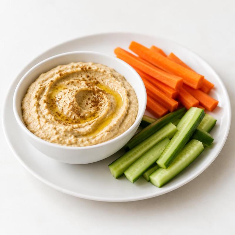 Domowy hummus z tahini i cytryną, z marchewką i ogórkiem do maczania