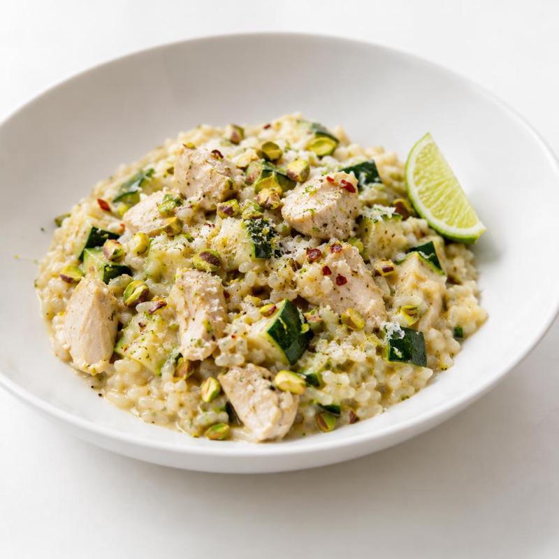 Risotto z piersią kurczaka, kostkami cukinii, limonką i pistacjami