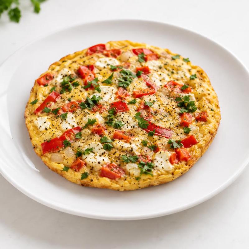 Frittata z piekarnika z podsmażoną papryką i cebulą, z kawałkami fety