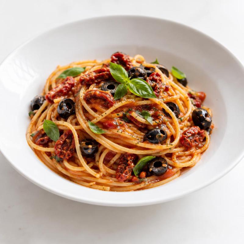 Spaghetti z oliwkami i paskami suszonych pomidorów w sosie z passaty