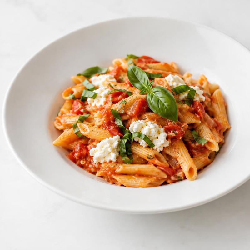 Penne z ricottą duszoną w świeżych pomidorach z czosnkiem i bazylią