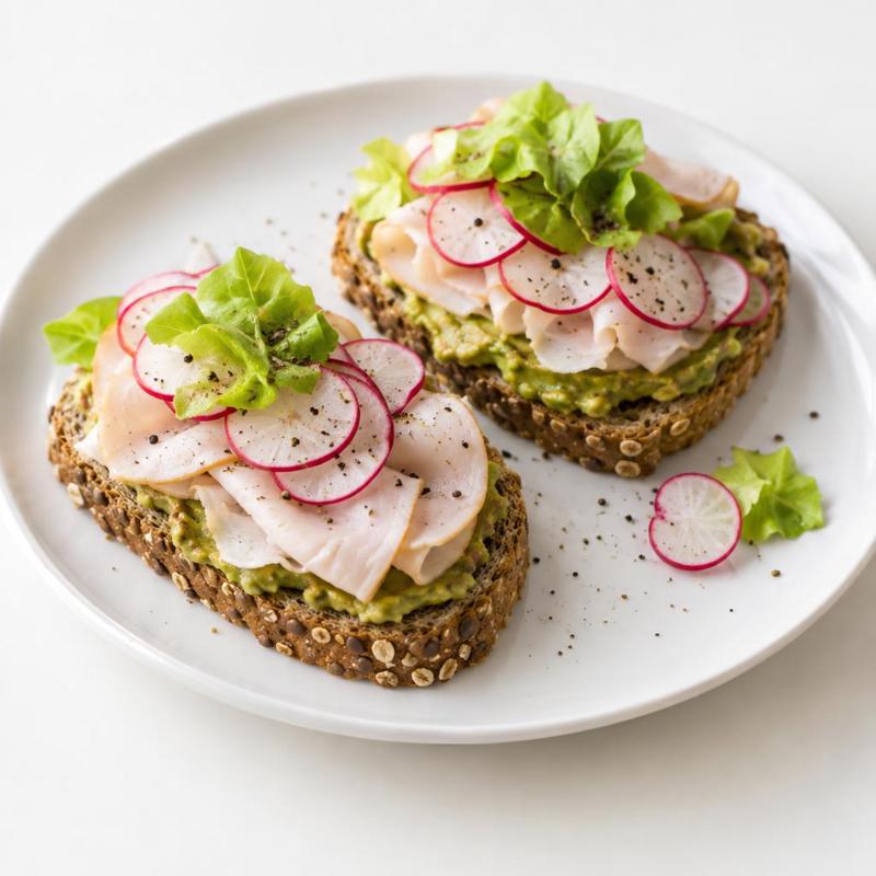 Opiekane kromki z guacamole, plastrami indyczej szynki i rzodkiewką