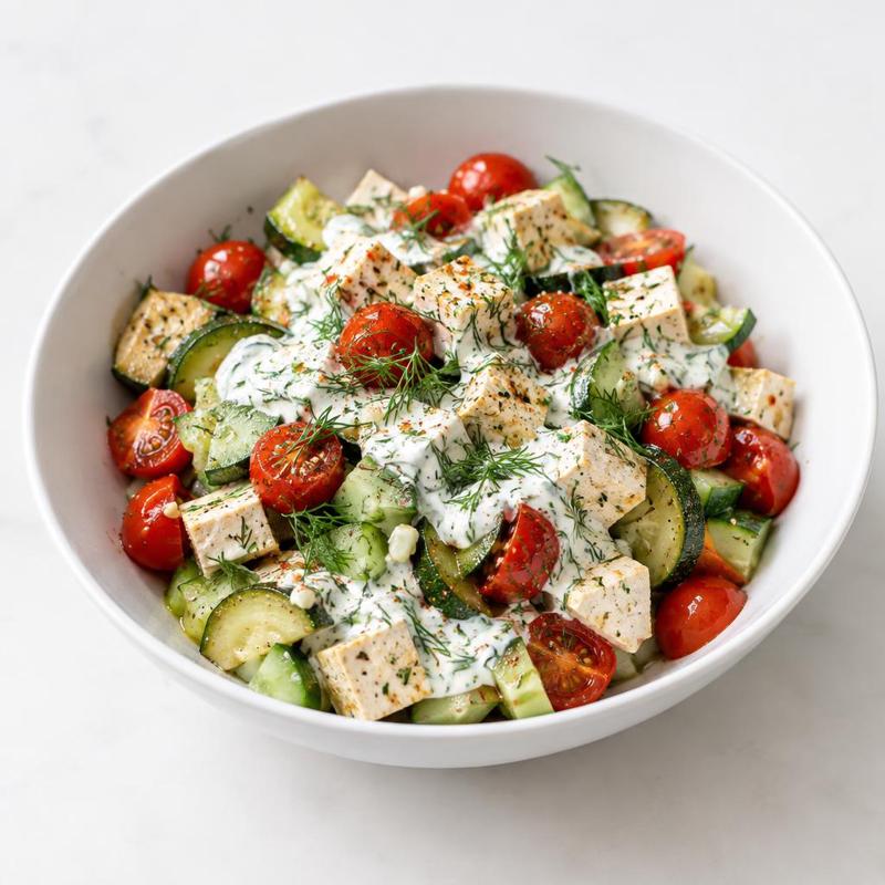 Rumiane tofu z cukinią i pomidorkami w czosnkowym jogurcie z ogórkiem