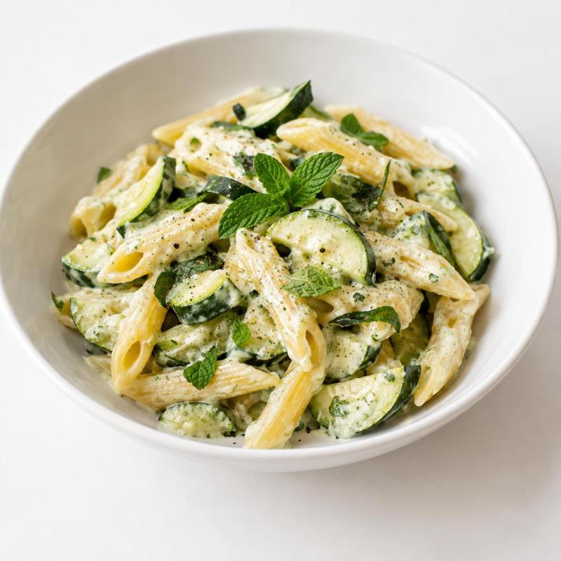 Makaron penne z cukinią z patelni i cytrynowo-miętową ricottą