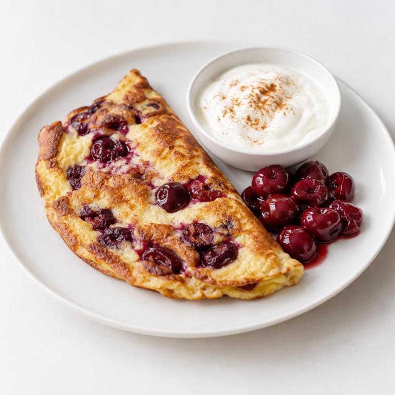 Zapiekany omlet z połówkami wiśni i jogurtem z cynamonem