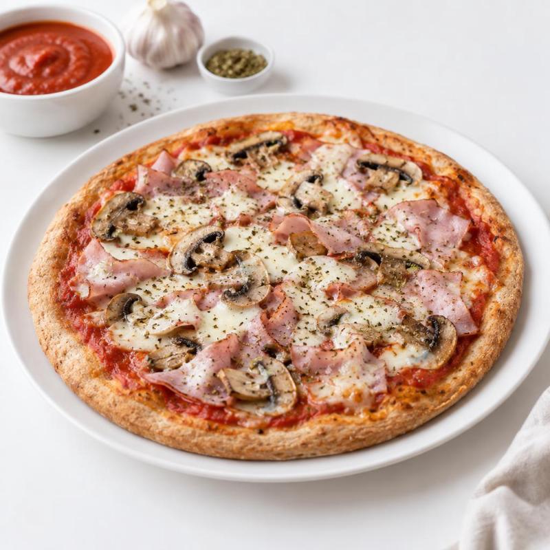 Domowa pizza na cienkim cieście orkiszowym z szynką, pieczarkami i mozzarellą