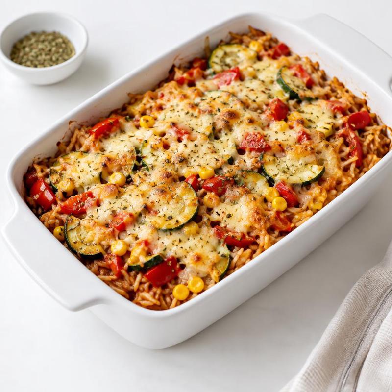 Zapiekany ryż z cukinią, papryką i kukurydzą w pomidorach, pod warstwą goudy
