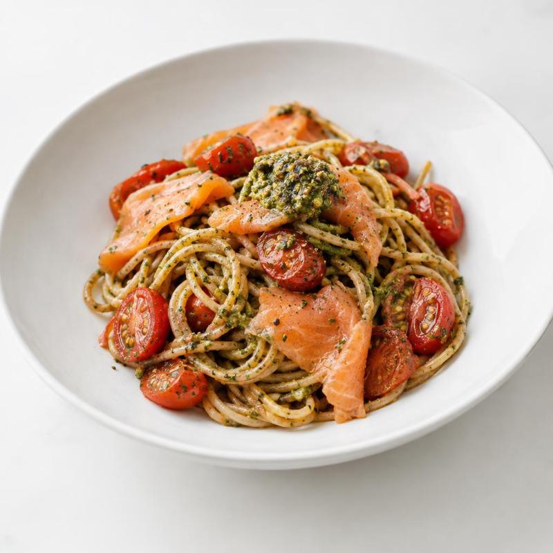 Spaghetti w pesto z pomidorkami z patelni i kawałkami wędzonego łososia