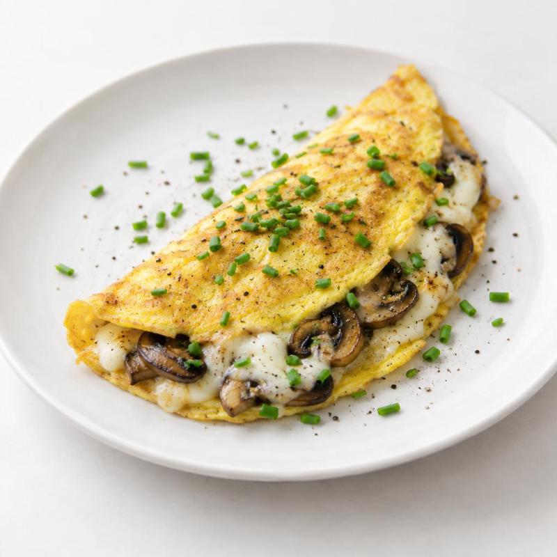 Złożony omlet z pieczarkowym nadzieniem, mozzarellą i szczypiorkiem