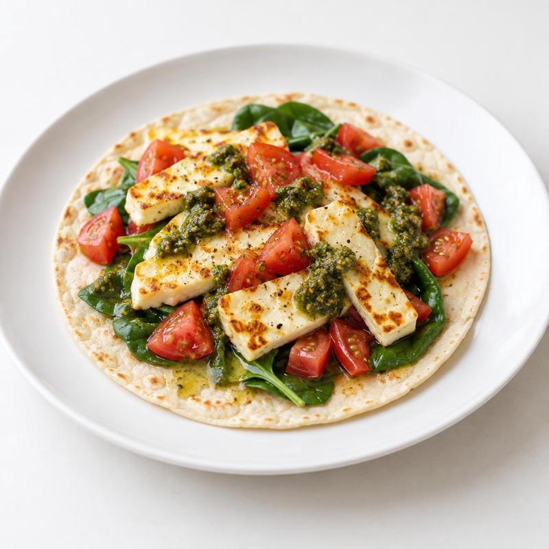 Wrap z rumianym halloumi, pomidorem i szpinakiem na bazyliowym pesto