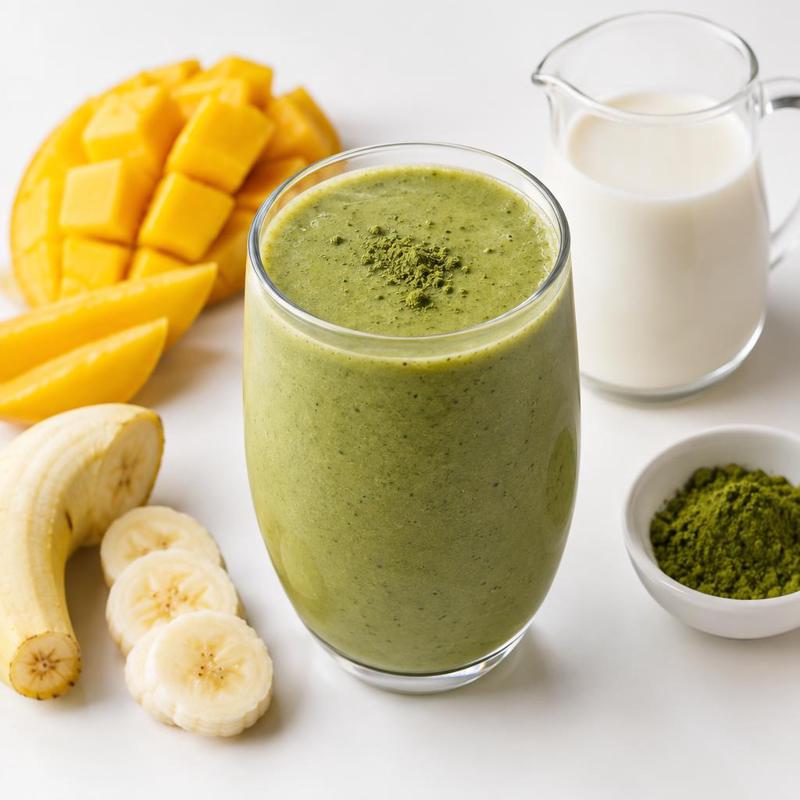 Zielony koktajl z matchy z mango i bananem na napoju sojowym