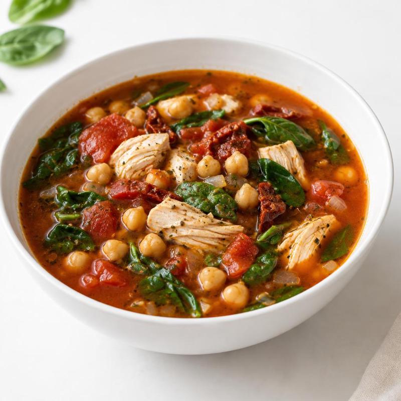 Pomidorówka z kurczakiem, ciecierzycą i liśćmi szpinaku