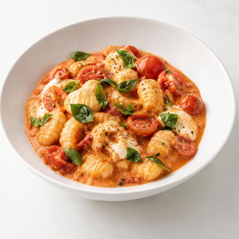 Gnocchi z jednego garnka w różowym sosie z pomidorków, z mozzarellą