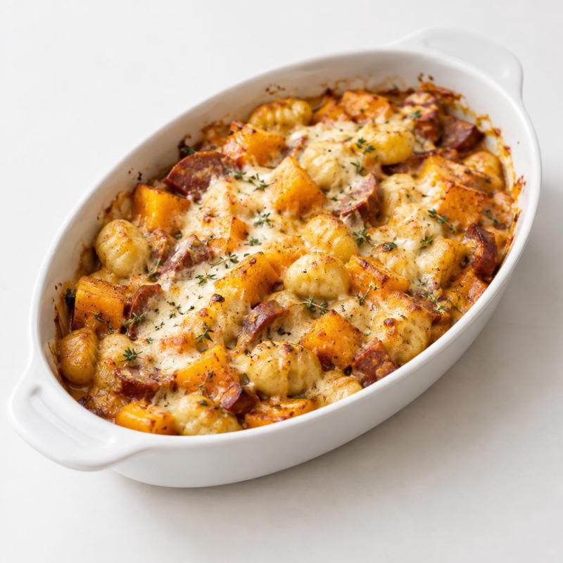 Zapiekanka z gnocchi, pieczonej dyni i chorizo pod mozzarellą