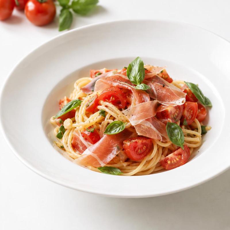 Spaghetti ze świeżymi pomidorami, szynką parmeńską i bazylią