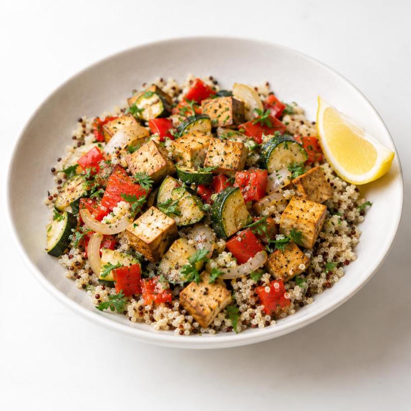 Komosa z wędzonym tofu, cukinią i cytryną