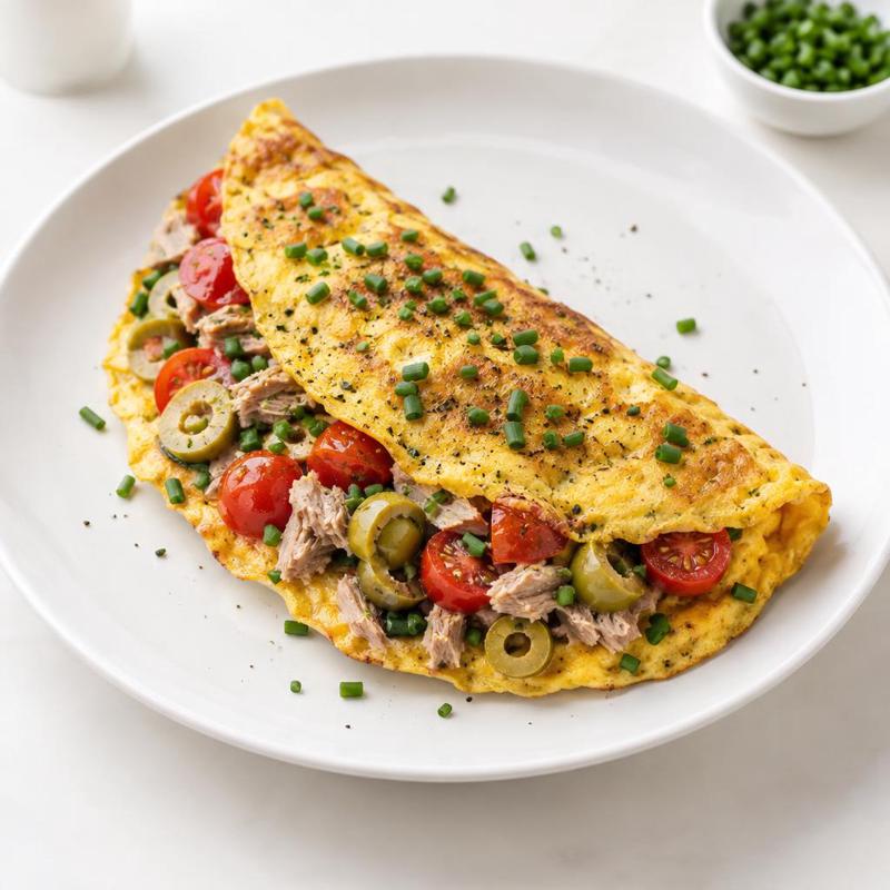 Omlet z pomidorkami koktajlowymi, tuńczykiem i zielonymi oliwkami