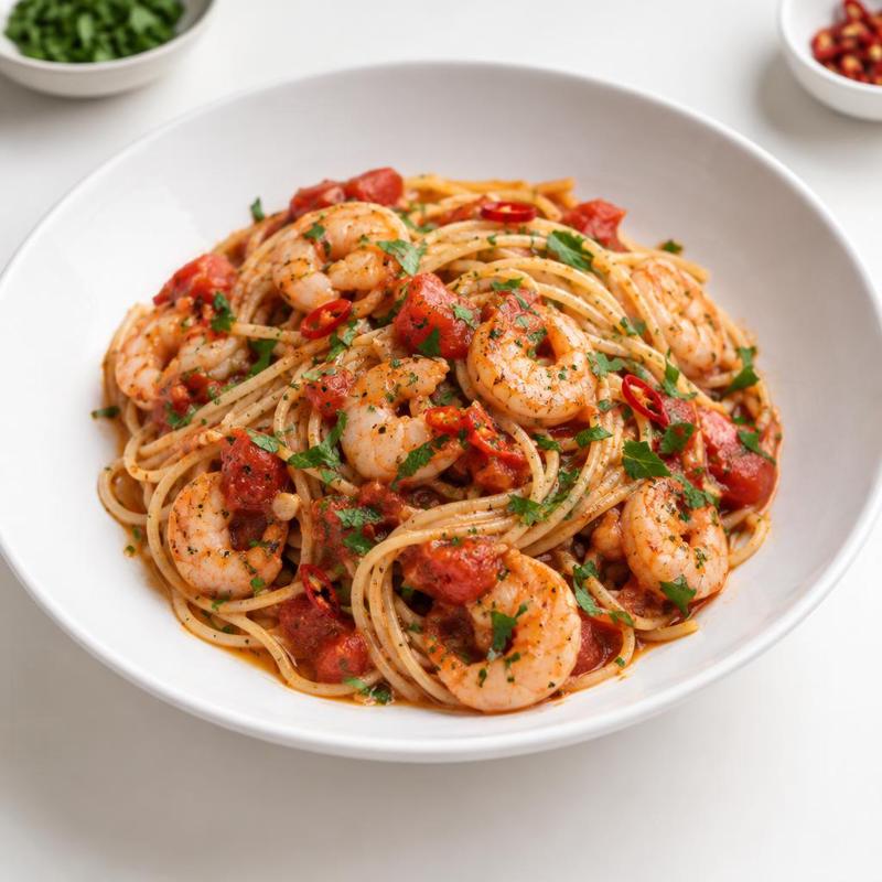 Pikantne spaghetti z krewetkami, czosnkiem i natką pietruszki