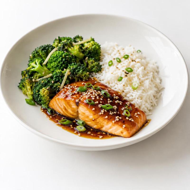 Łosoś z imbirowym sosem teriyaki, ryżem i brokułem