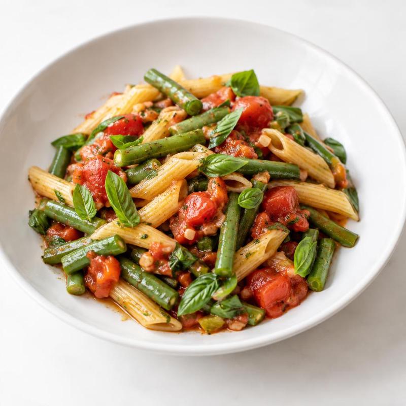 Penne z zieloną fasolką w czosnkowym sosie pomidorowym